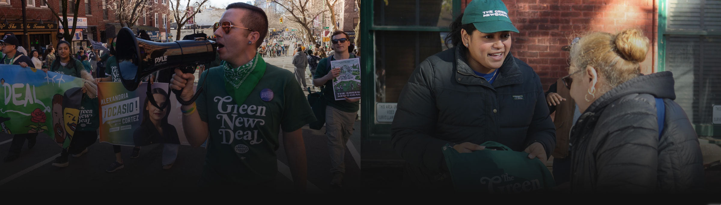 Supporters wearing Green New Deal merch among neighbors.